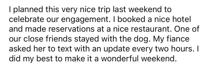 When the OP planned a trip to celebrate their recent engagement, a close friend stayed with the dog.