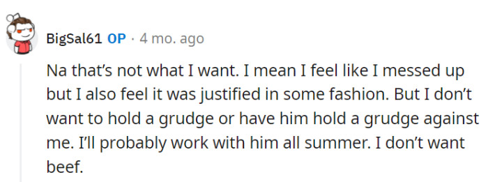 No beef in the pizza parlor! Just slice it as a learning experience and hope for a cheesy reconciliation with the dough buddy.