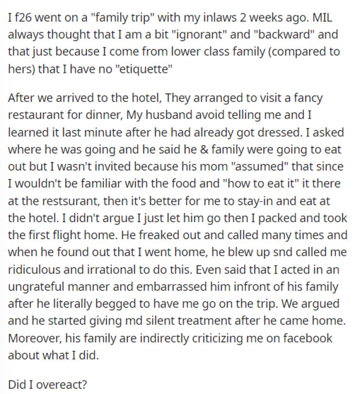OP's post starts off by explaining the situation regarding the trip and how they intentionally left her out of the dinner.