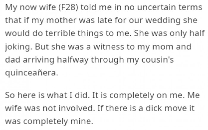 His future wife let him know that she would be furious if his parents showed up late for the wedding, so OP had to do something.