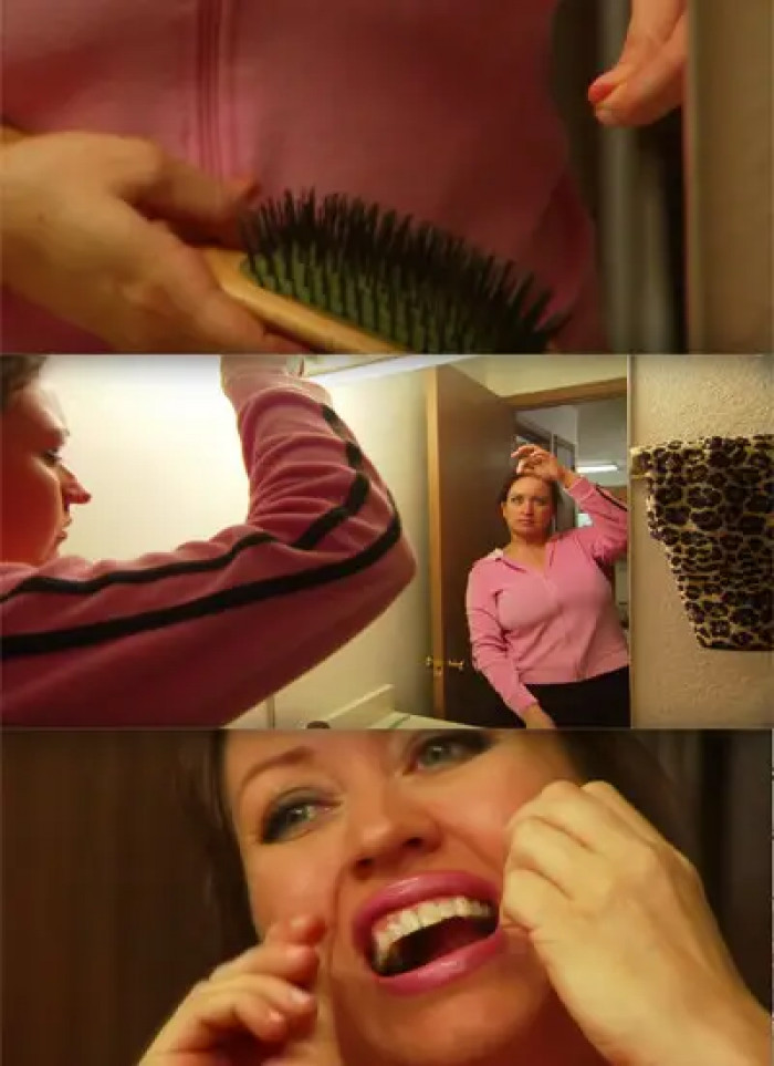 32. While this lady uses her crowning glory to floss