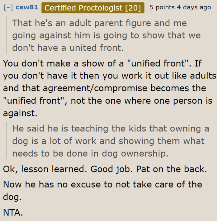 The husband has a wrong definition of a unified front.