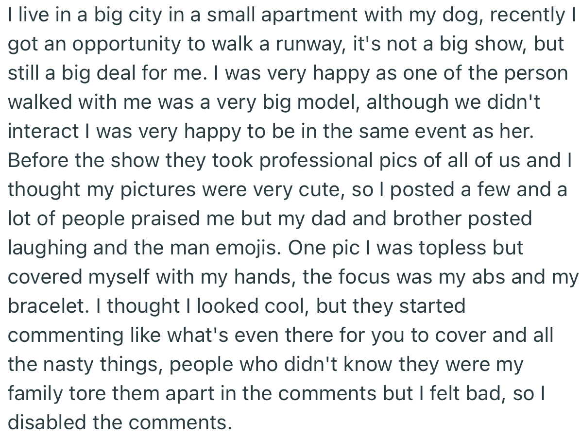 OP Got an Opportunity to Model and Took Some Professional Photos. She Happily Posted the Photos, Only to Get Mocked by Her Family Members for Going Topless