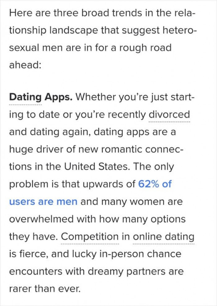 He lists three trends in dating that are making life harder for heterosexual men. The first one is dating apps.