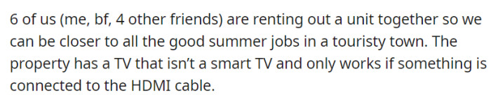 Six individuals, including OP, their boyfriend, and four friends, are renting a unit in a touristy town for summer jobs.
