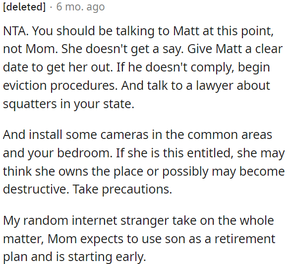 It seems like Mom is prematurely expecting her son to be her retirement plan.