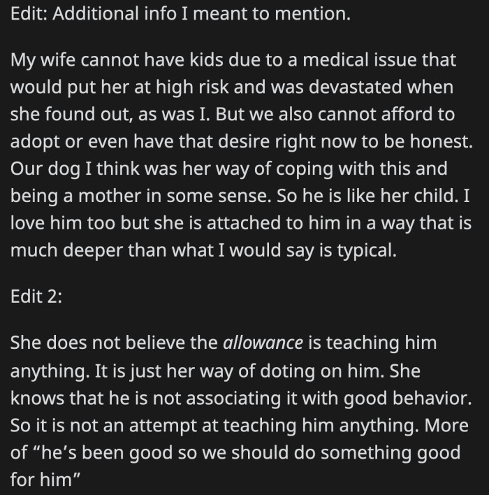 OP provided more information about the dog and the allowance