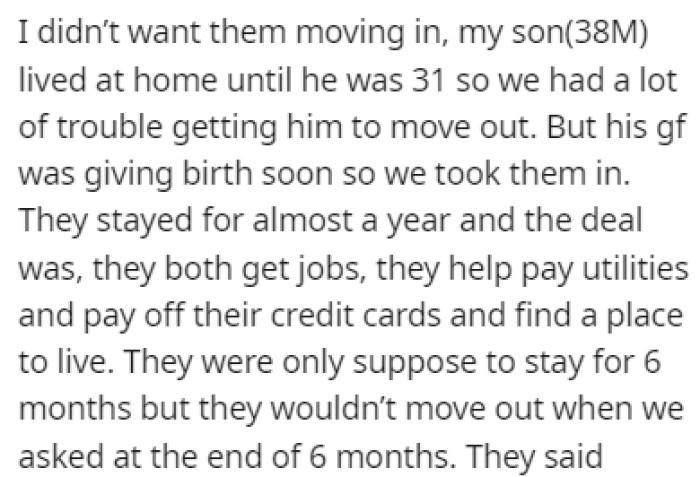The son and his girlfriend got evicted, so they ended up moving in with OP and her husband
