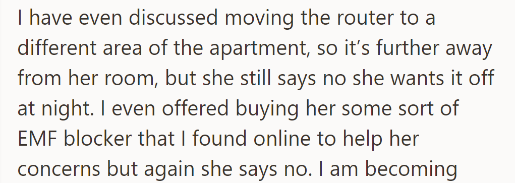 Despite moving the router and offering an EMF blocker, the roommate insists on nightly Wi-Fi shutdowns.