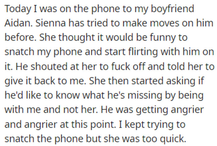 OP was on her phone with her boyfriend when her sister took the phone and started flirting with him