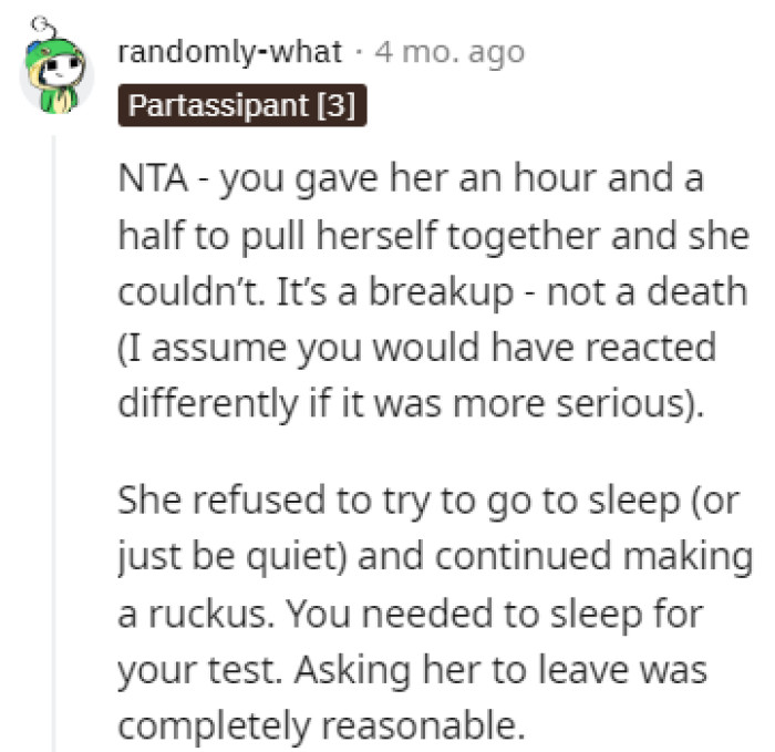 OP needed sleep for her exam