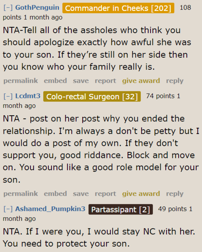 The family needs to know how her son was treated by the OP's mother.