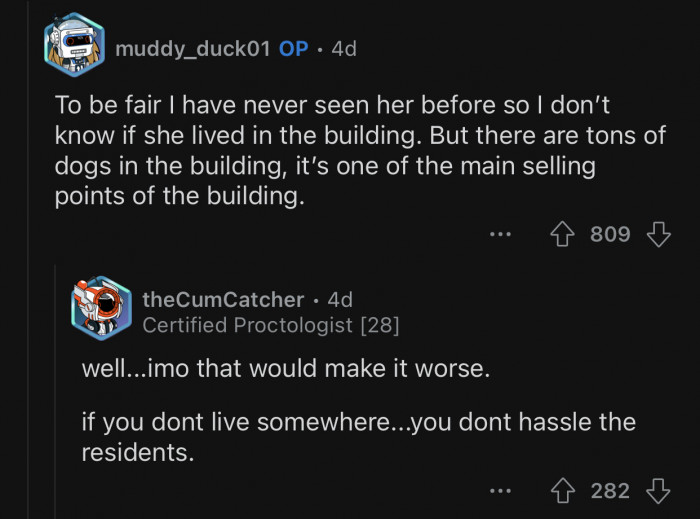 Not being a resident of the building makes her case look even worse.