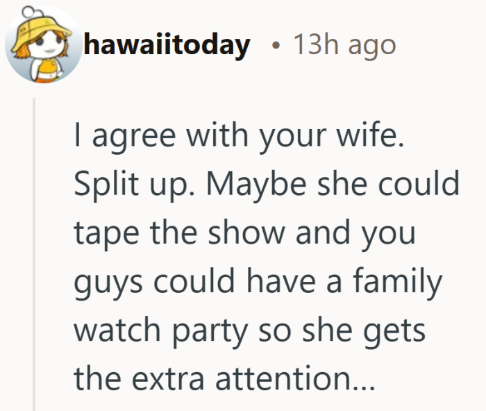 Splitting creates a neat solution on paper, but it still leaves one kid performing without both parents in the room.