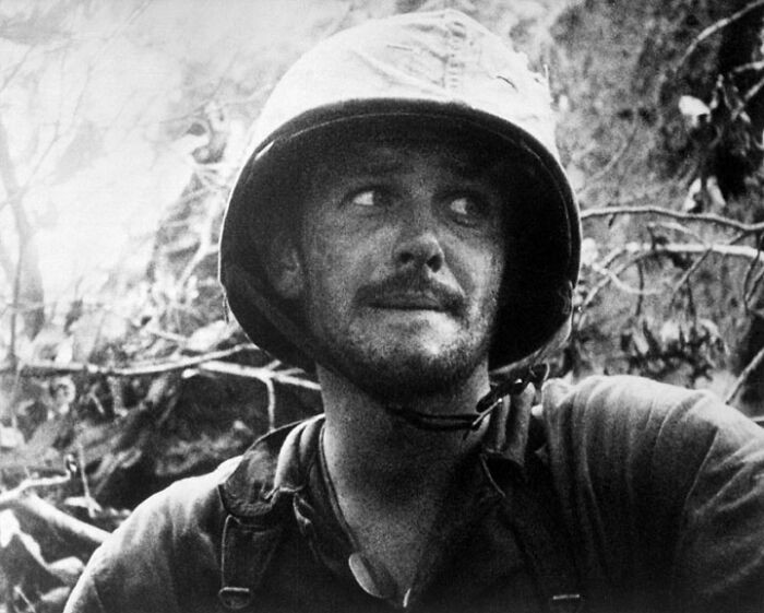 "Battle-Weary U.S. Marine During the Battle of Peleliu, 1944."