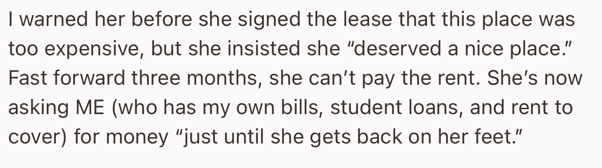 Despite OP Warning Her Ahead of Time, She Refused to Listen. Now She’s Asking Him to Help Cover Her Rent.