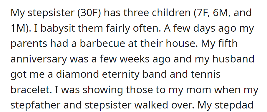 While babysitting her stepsister's kids, she shared fifth-anniversary diamonds at a family barbecue with her mom, stepfather, and stepsister.