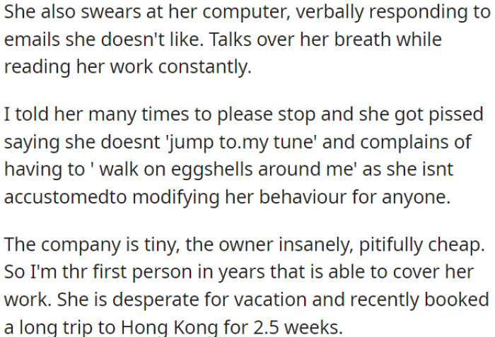 OP has to cover her work during her extended vacation in Hong Kong.