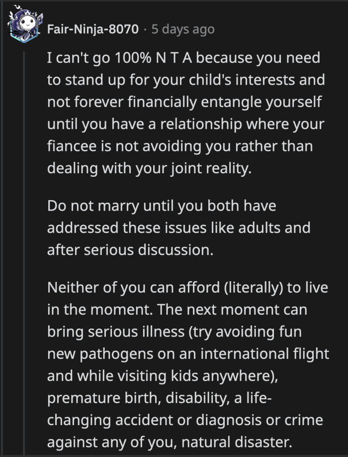 OP needs to rethink his future with his fiancée if they do not share the same financial ideology because their whole family will suffer if she doesn't have basic budgeting skills.