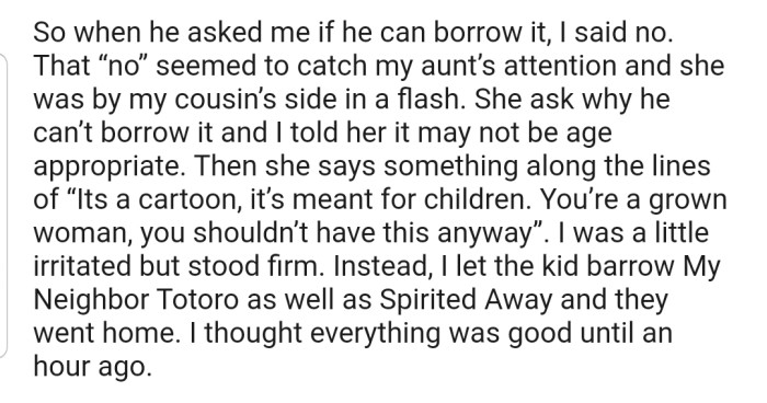 OP refused to lend the movie to her cousin, which caught the attention of his mom. After a back-and-forth conversation, OP allowed her cousin to borrow another Studio Ghibli movie instead.
