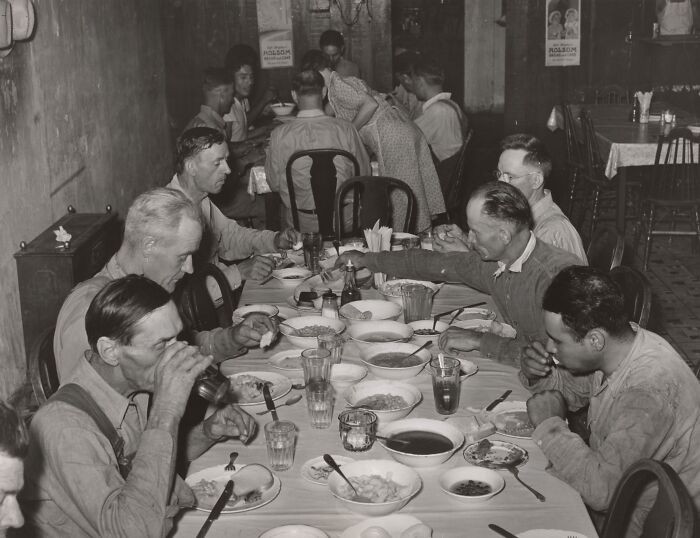 Noonday Dinner, Family Style, At Restaurant In Muskogee, Oklahoma. The Price Of This Dinner Was Fifteen Cents, 1939