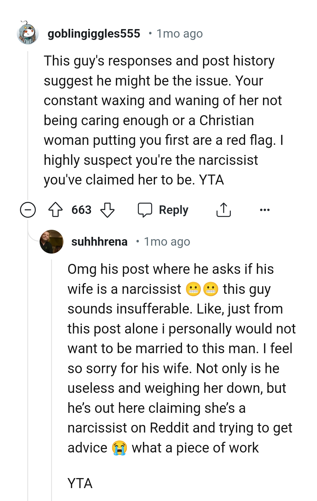 This Redditor suspects the OP is the narcissist he's painting his wife to be