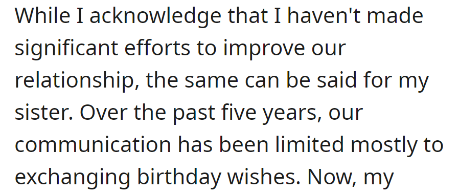 Minimal effort from both in improving the relationship; communication limited to exchanging birthday wishes over the past five years.