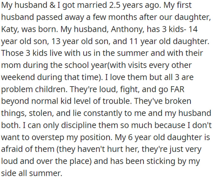 OP and her husband have a blended family with three of his kids and OP's daughter.