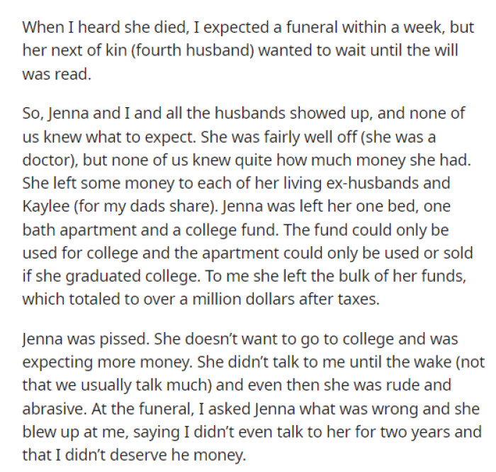 This is when she goes into details about why they read the will and just what happened with it all.