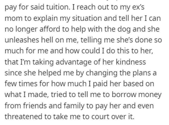 The mom threatened to take OP to court if he stopped paying her