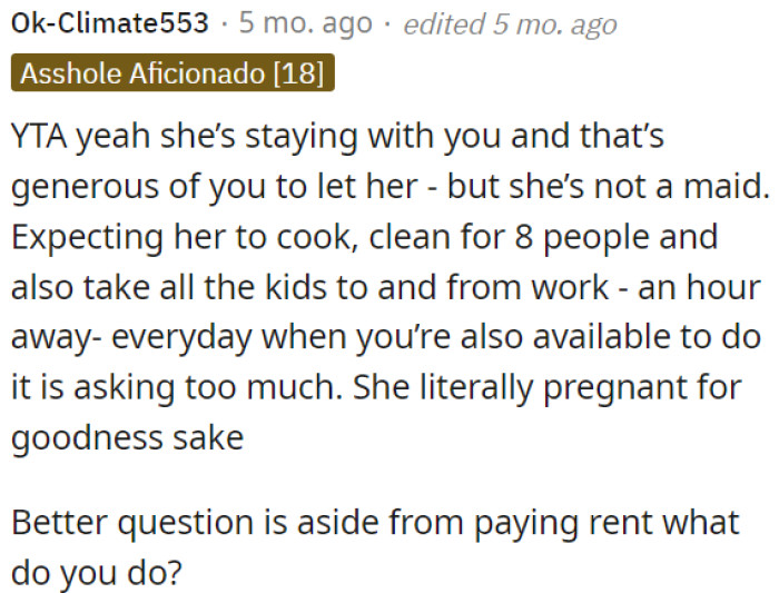 Asking her to cook, clean for eight people, and chauffeur the kids an hour away when OP is available is too much, especially since she's pregnant.