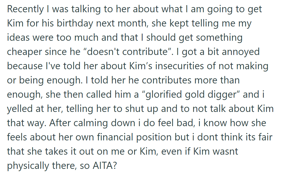 OP argued with his sister over gift ideas for Kim, who was labeled a 