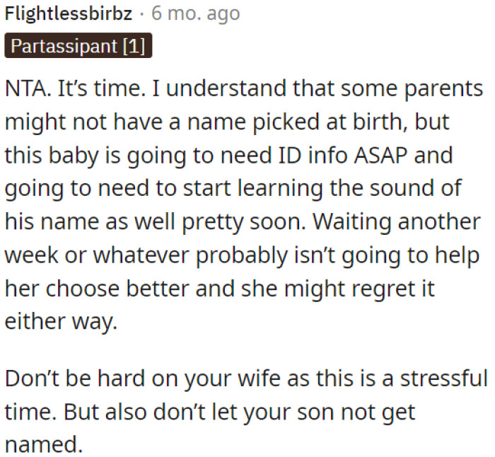 Waiting longer likely won't make the decision easier, and OP's wife might regret it later.