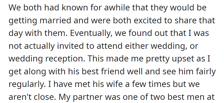 When the Partner's Best Friend Got Married, OP Was Not Invited. She Was Upset Despite Having a Good Relationship with the Friend.