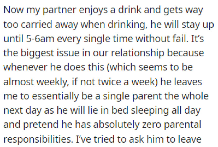OP's partner loves drinking and he usually gets carried away when drinking