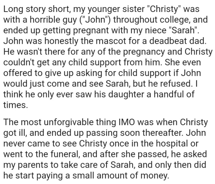 OP shares how John was the mascot for a deadbeat dad as he wasn't there for any of the pregnancy