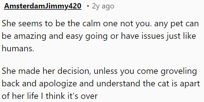 She's decided; unless OP apologizes, understands that the cat is part of her life, and comes back fawning, it's over.