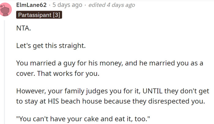 Her family calls her names but still wants to stay at her husband's beach house