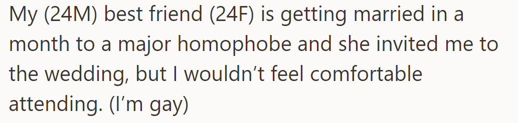 OP feels uncomfortable attending his best friend's wedding because her fiancé is a major homophobe.