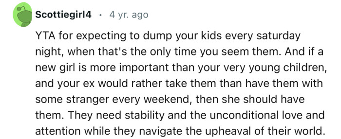 “YTA for expecting to dump your kids every Saturday night when that's the only time you see them.”