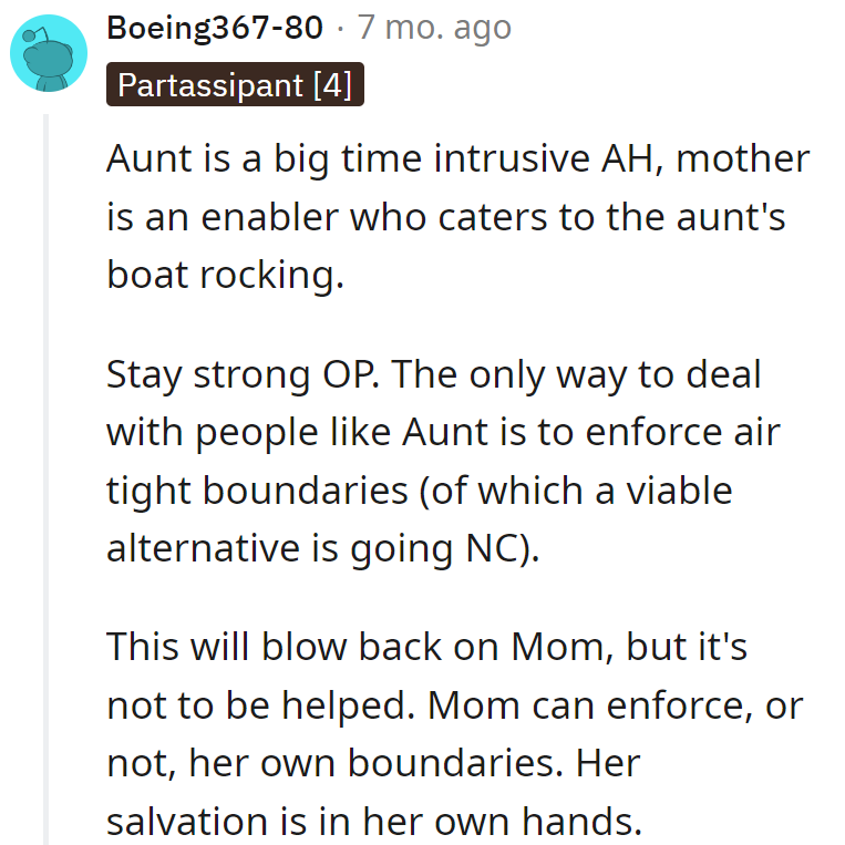 OP's aunt rocks the boat; Mom hands out life jackets. Stay strong, OP – boundaries are the lifebuoy in this sea of drama!