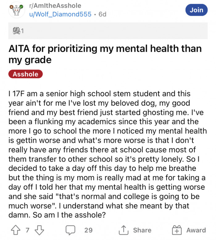 The Reddit user explained that she is a 17-year-old senior in high school, and she's had a particularly tough year.