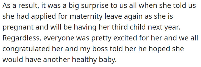 Stacy revealed she's pregnant again, and their boss wished her a healthy baby: