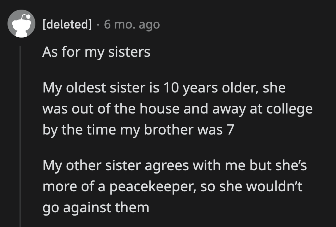 Their oldest sister was away in college when they were kids, while their other sister is more concerned about keeping the peace.
