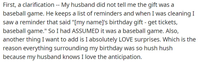 OP clarifies that she came across a reminder on her husband's list mentioning 