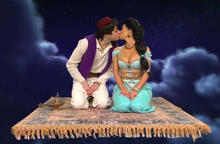 On a recent episode of The Kardashians, Kim shared that the couple's first kiss was on-screen during their Aladdin sketch on SNL.
