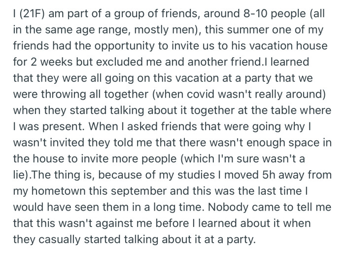 OP learned that her friends are preparing for a summer trip, and she was not invited