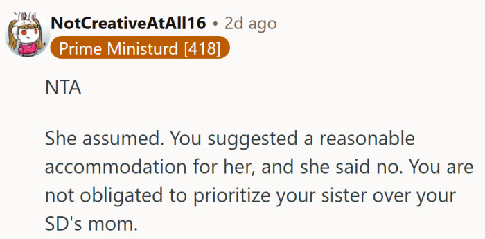 A clean breakdown of the situation: she assumed, you offered options, she declined. End of holiday mystery.