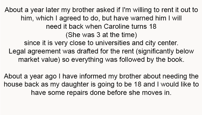 About a year ago, I informed my brother about needing the house back