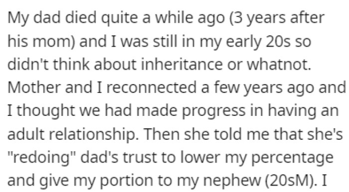 OP and her mother reconnected a few years ago, and OP thought that they were making progress